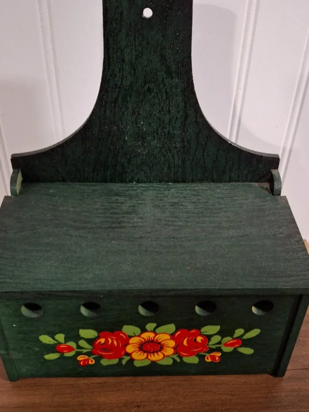 Vintage Wooden Wall Kitchen Box Recipe Green Floral Painted Cottagecore Storage